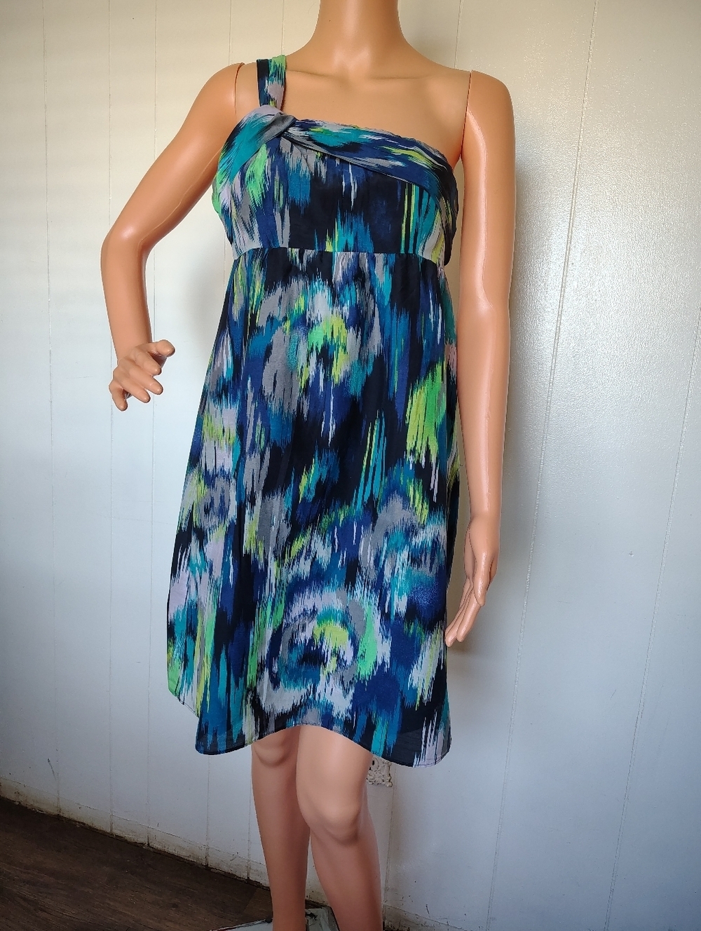 LOFT One-Shoulder Blue Green Print Dress Size 4P